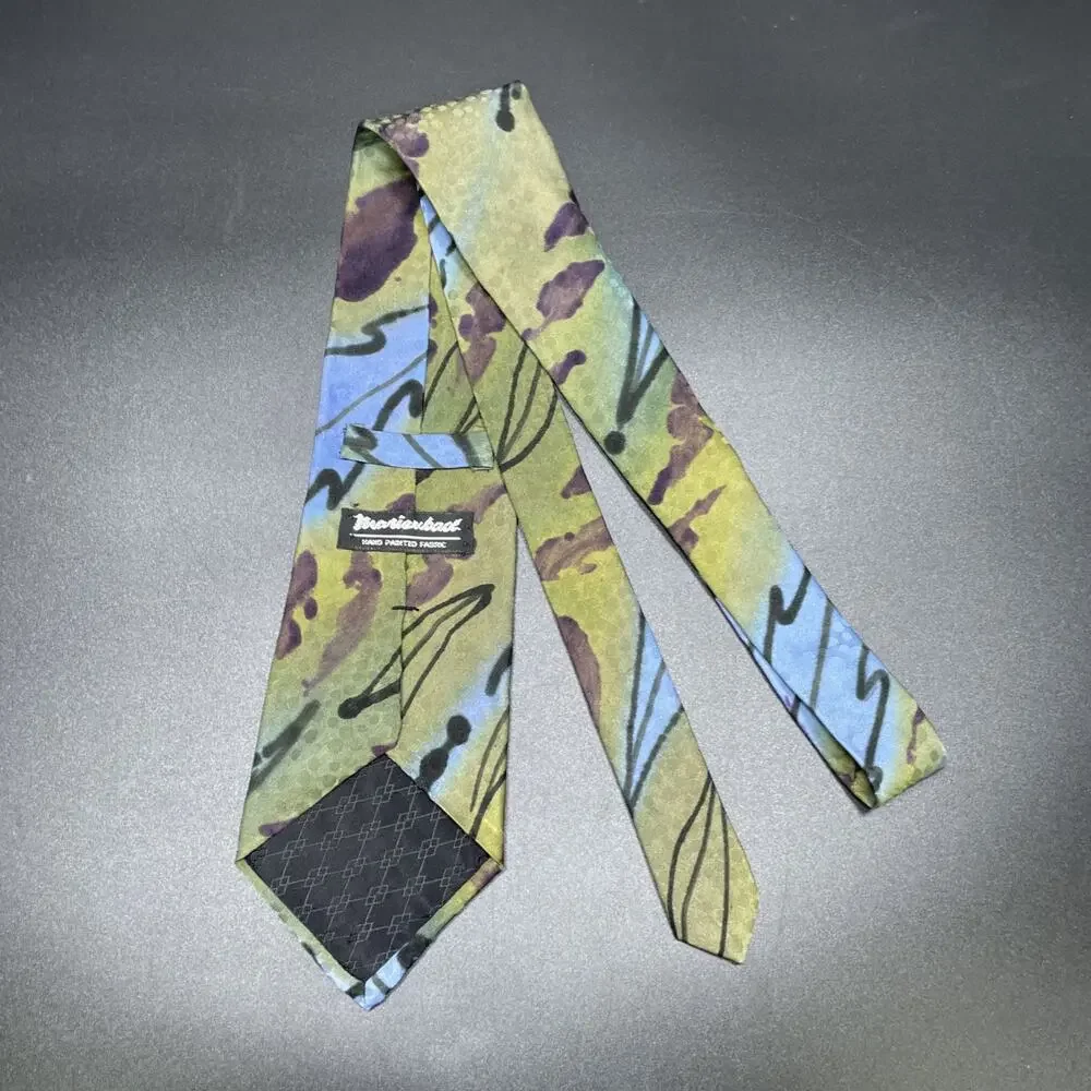 Vtg Marienbad Abstract Necktie Olive Blue Hand Paint Designer Tie 3.75
